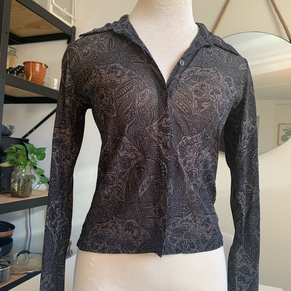 Sheer mesh paisley button up top/blouse in taupe - size medium - Picture 1 of 4